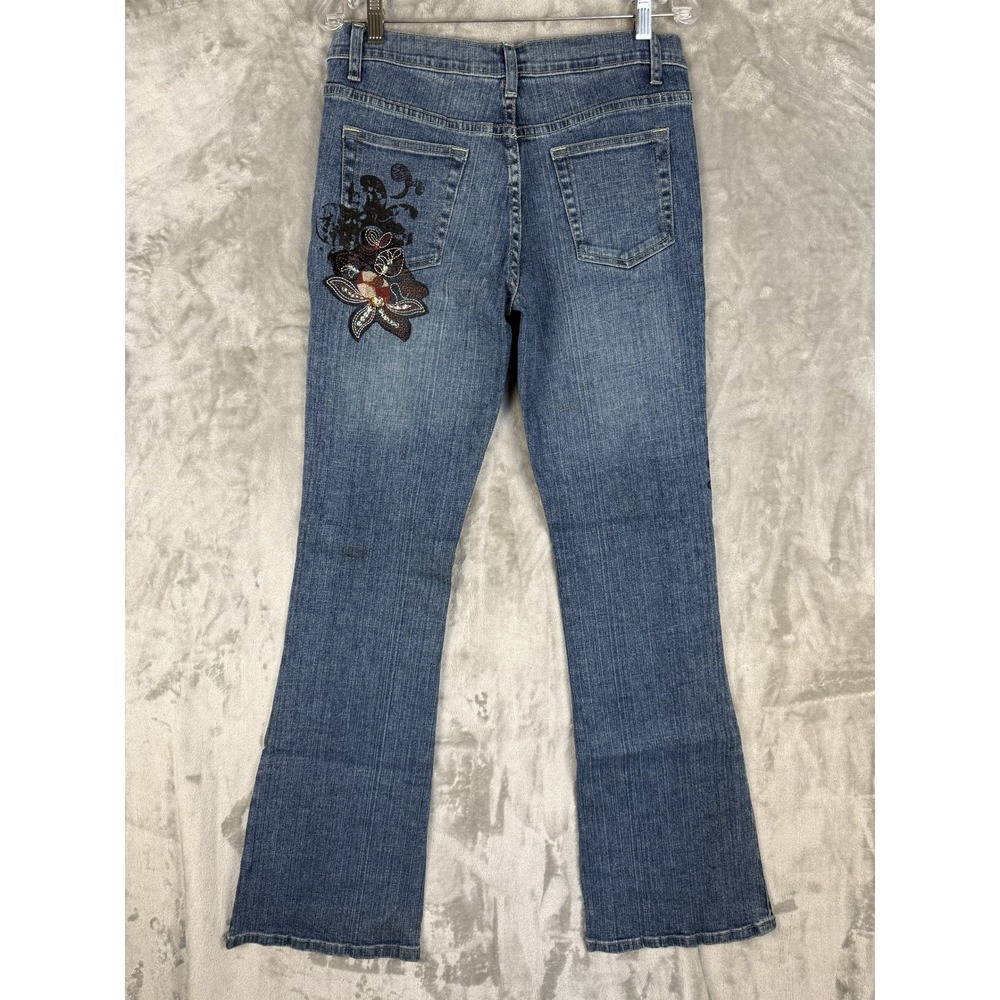 GJ Guess Womens Denim Flare Jeans Embellished Floral Embroidery Size 29 - Picture 2 of 8